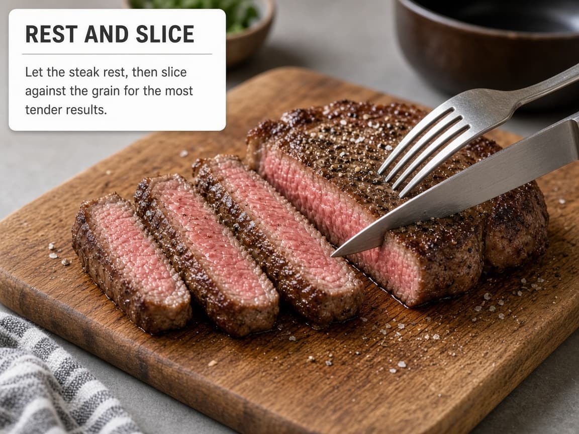 Sliced steak on a cutting board showing a pink center