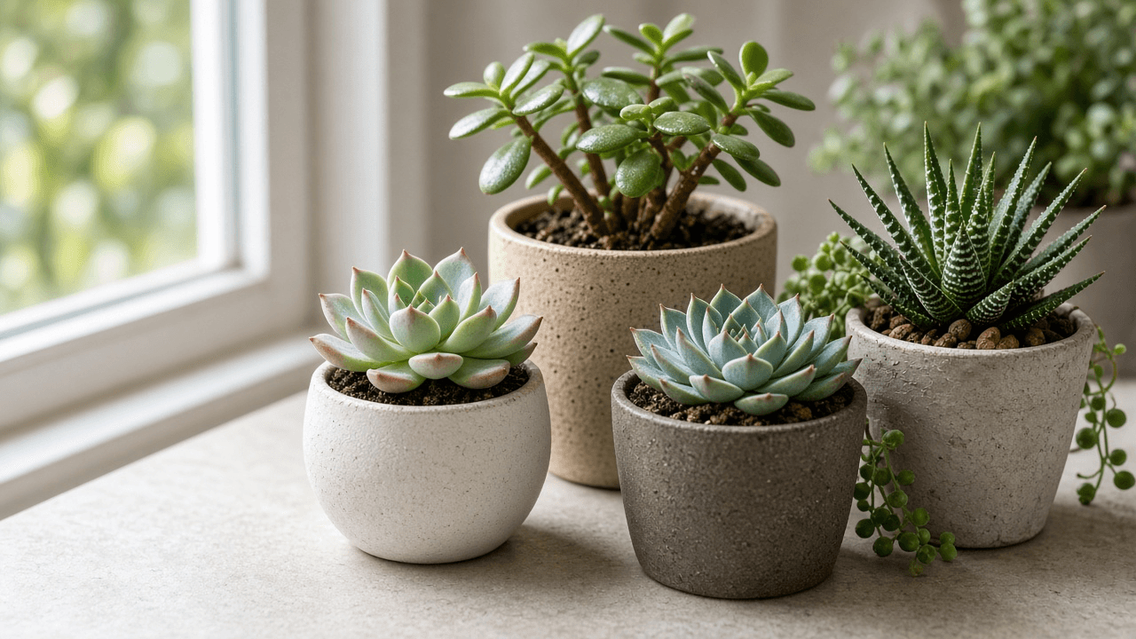 Echeveria and jade succulents in terracotta pots on a sunny windowsill