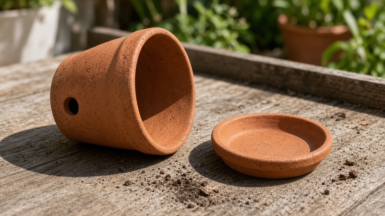 Terracotta pot tipped to show the drainage hole beside an empty saucer