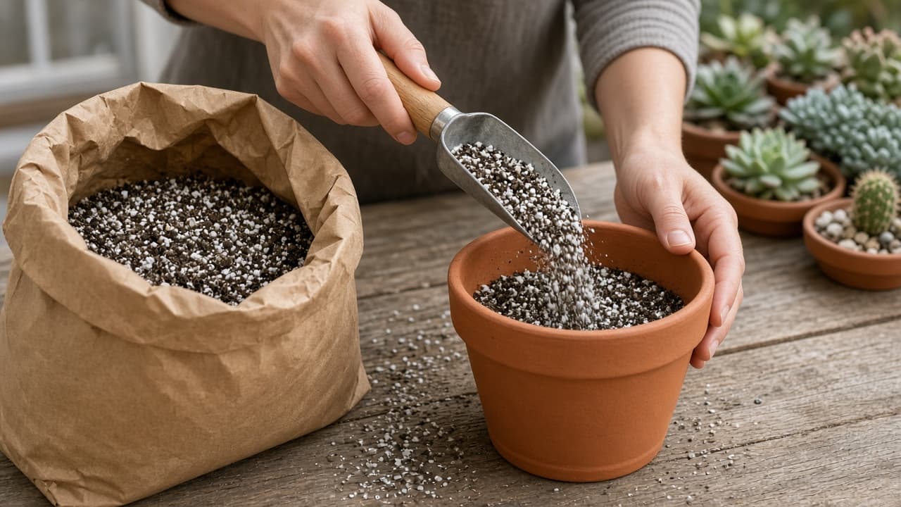 Hands filling a terracotta pot with gritty cactus mix and perlite