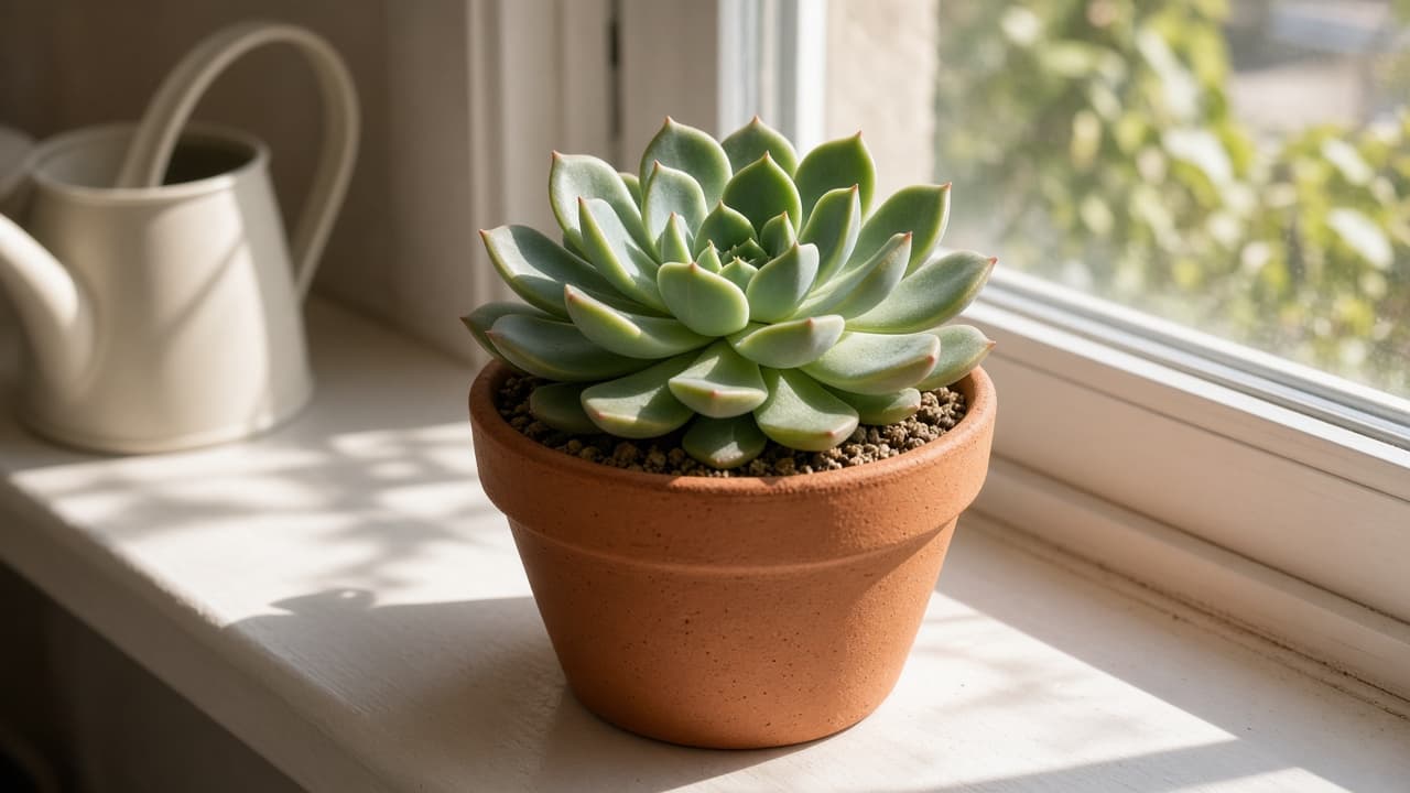 Echeveria on a bright sunny windowsill in strong daylight