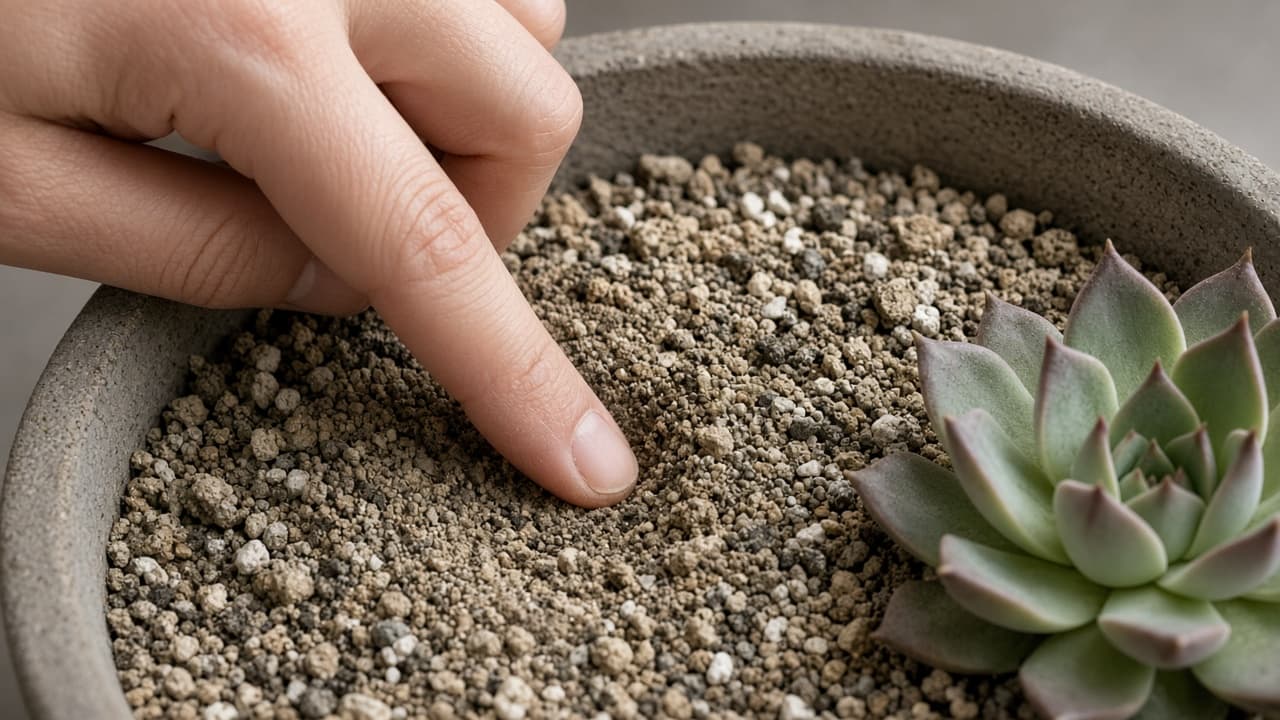 Finger pressing into dry gritty soil of a potted succulent