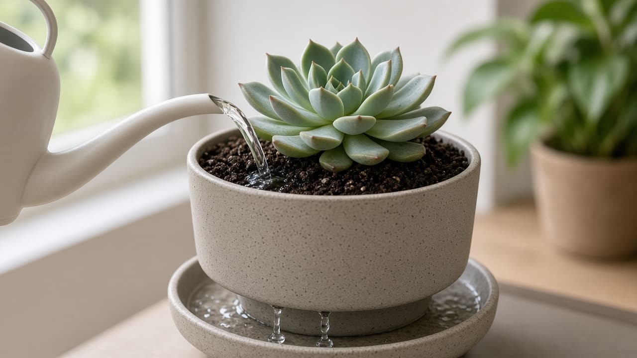 Narrow spout watering can soaking succulent soil until drainage drips