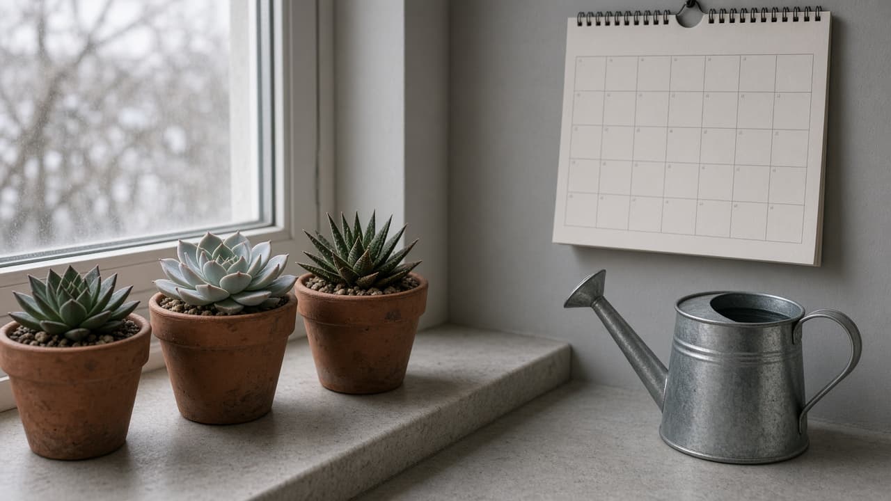 Winter windowsill succulents with a watering can set aside