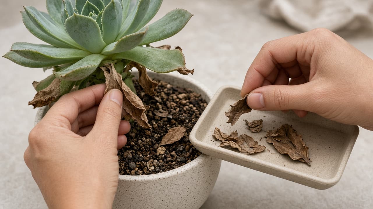 Hands removing dry lower leaves and debris from succulent soil