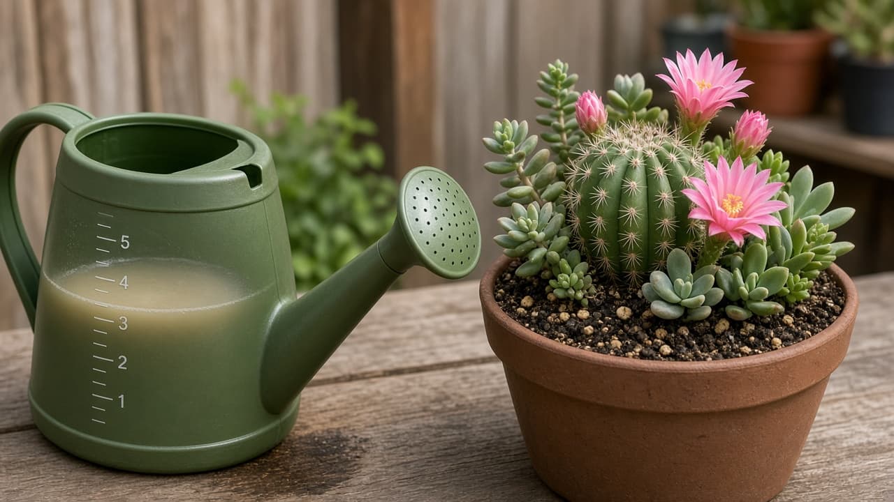Diluted cactus fertilizer measured into a watering can beside a succulent