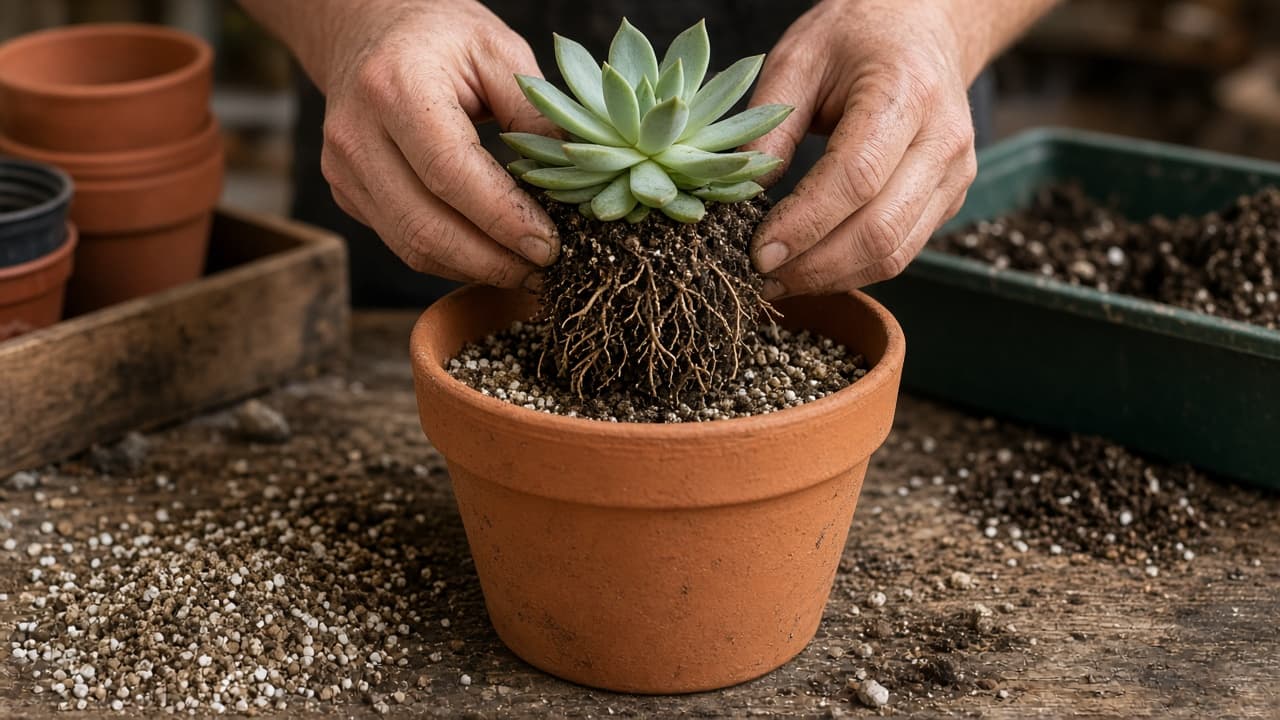Hands transplanting a succulent into a slightly larger pot of fresh mix