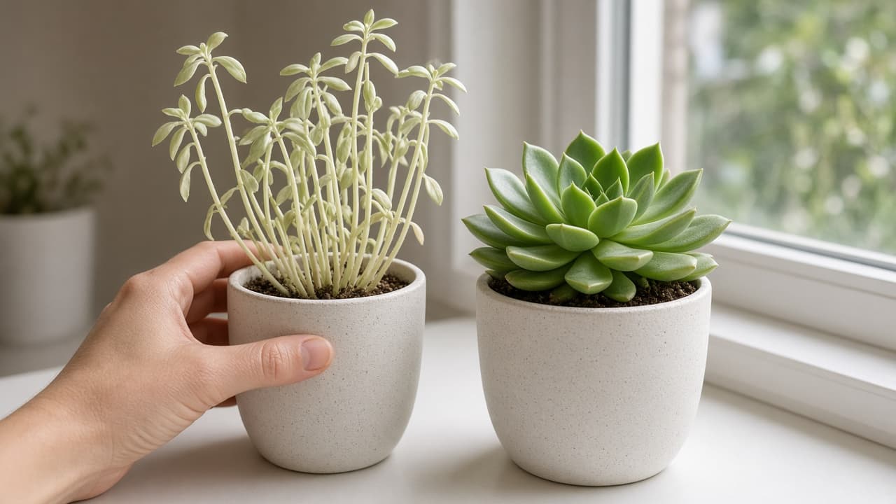 Stretched pale succulent being moved toward a brighter sunny window