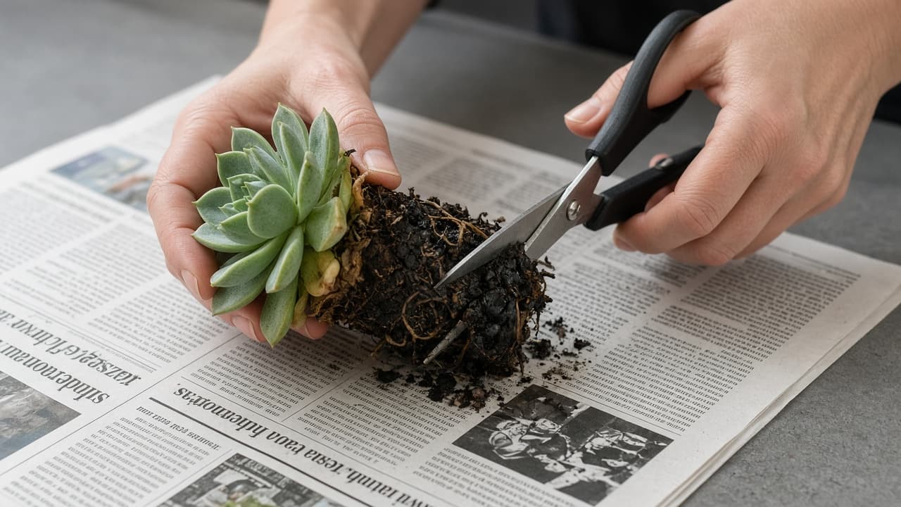 Unpotted succulent with brown base and scissors trimming rotten roots