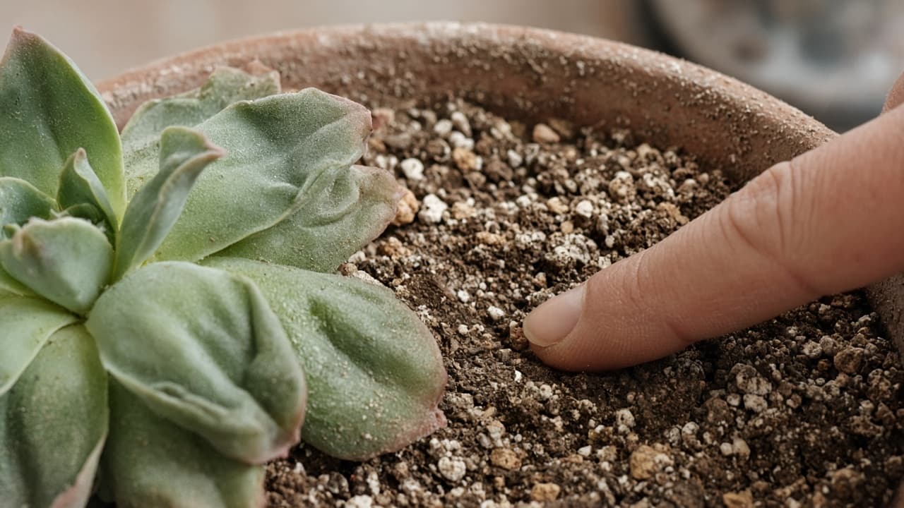 Wrinkled succulent leaves beside a finger checking bone-dry soil