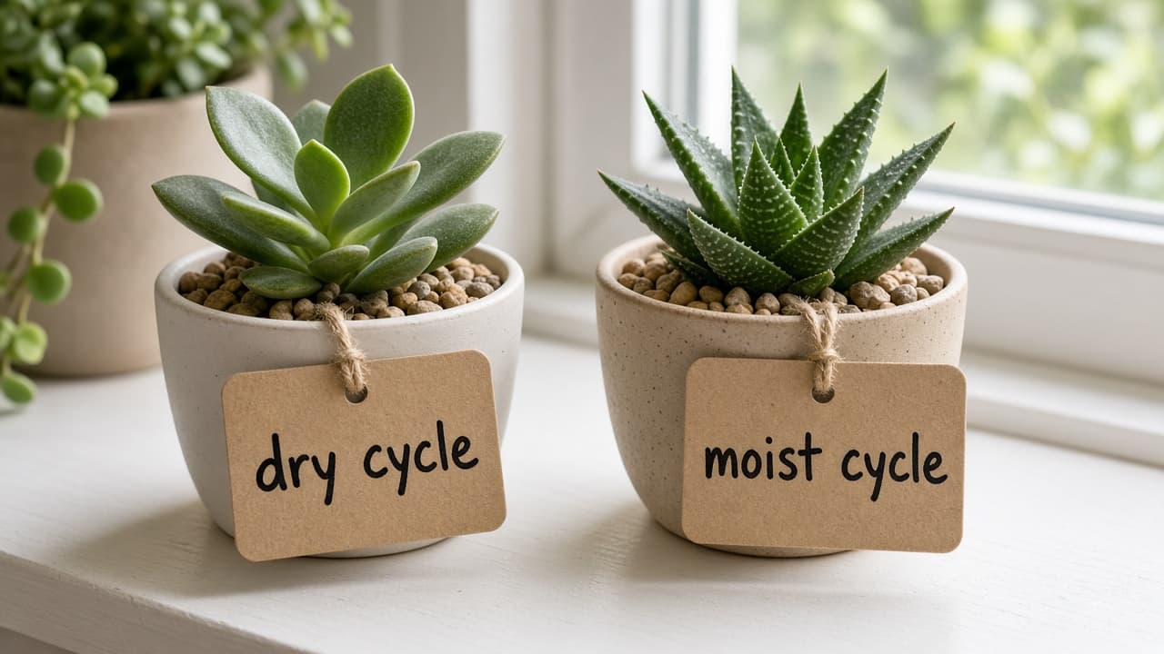 Christmas cactus and echeveria on separate windowsills