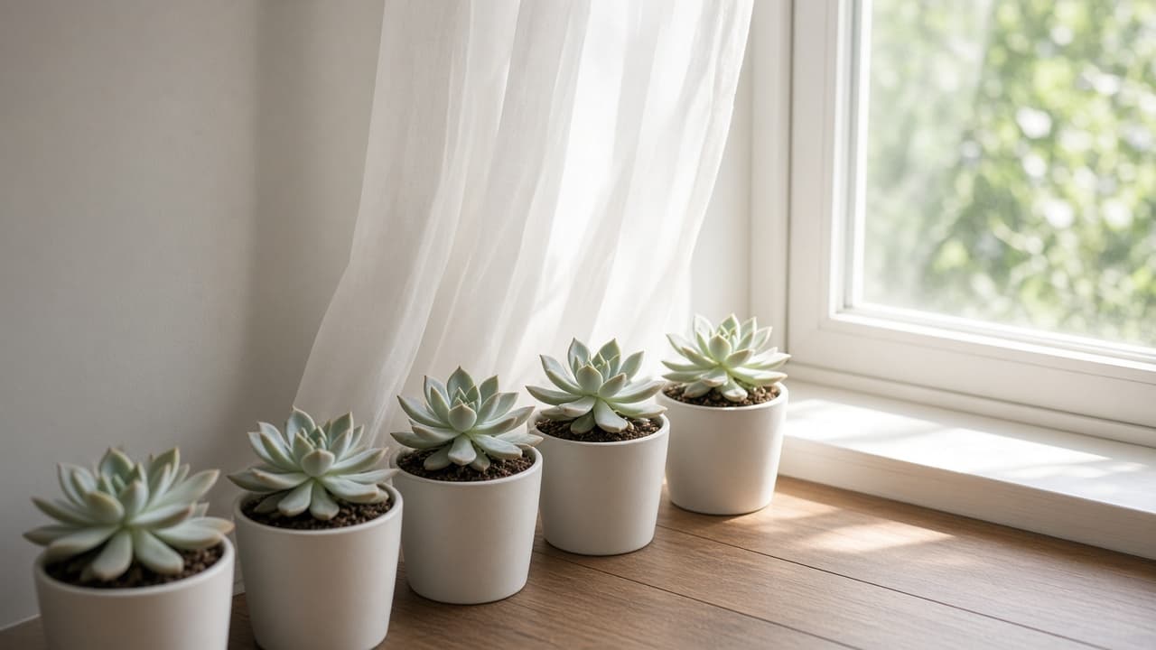 Stretched succulent beside a brighter window placement