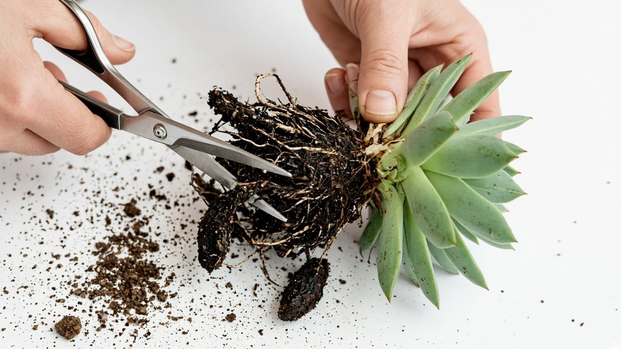 Scissors trimming rotten succulent roots on a clean surface