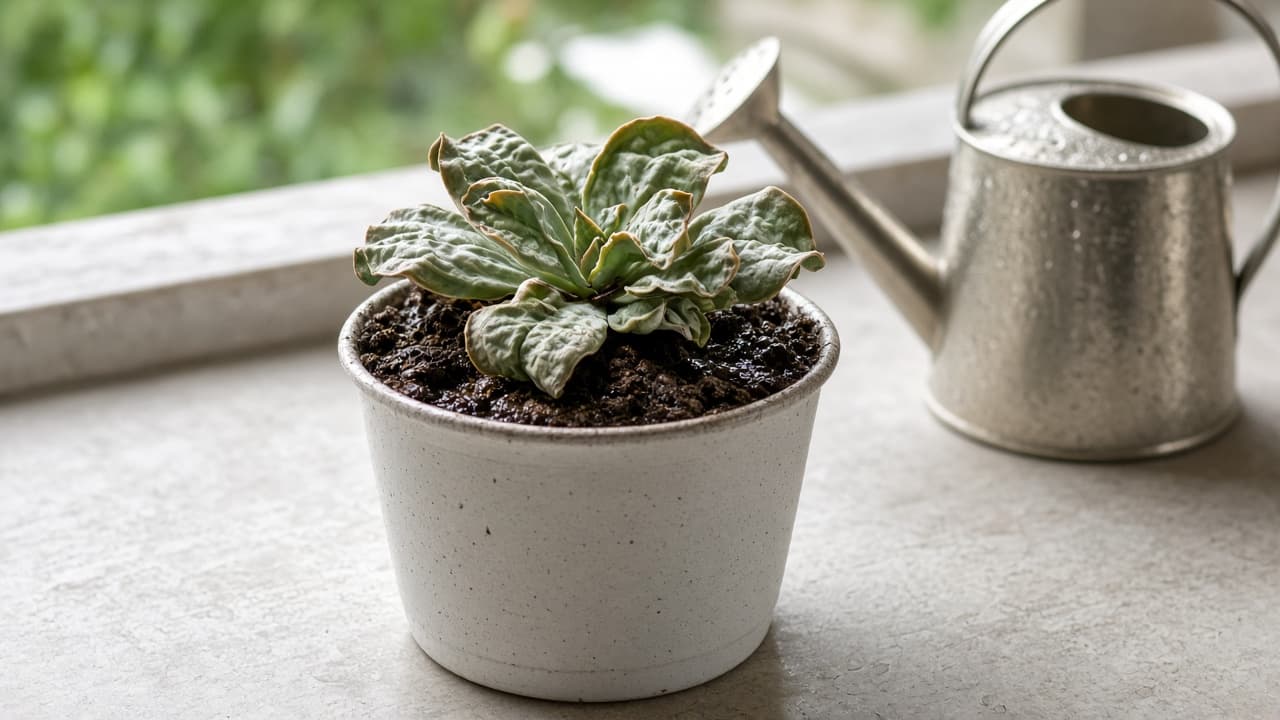 Finger checking bone-dry soil beside a slightly wrinkled succulent