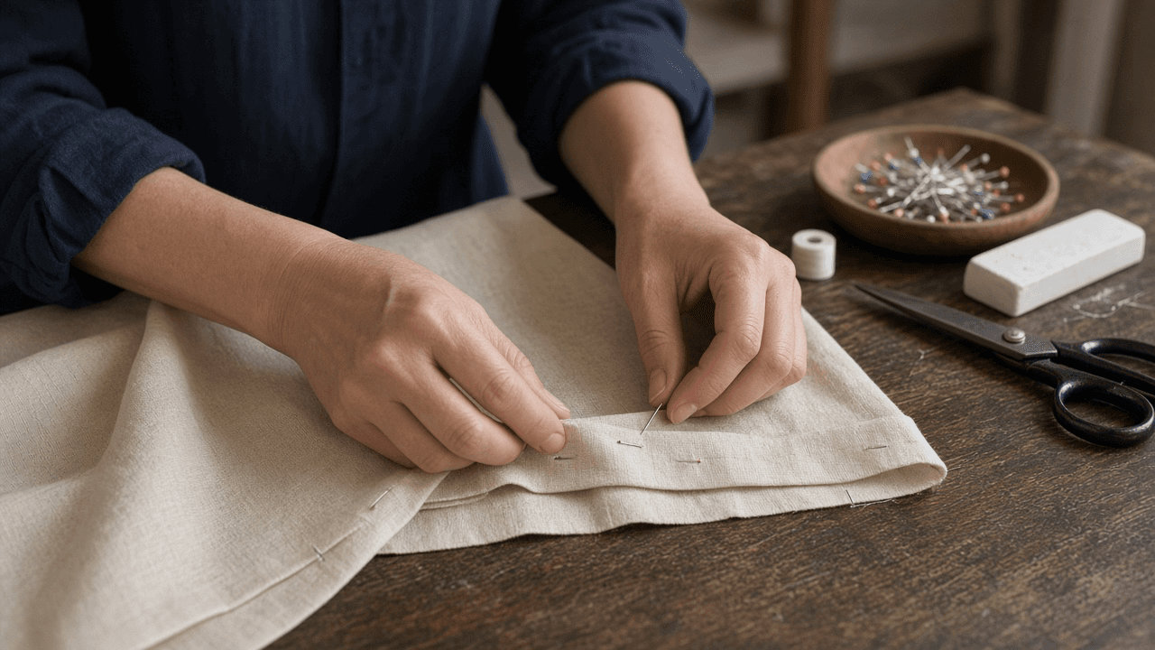 Sewing machine beside pinned trouser hem with chalk marks and measuring tape