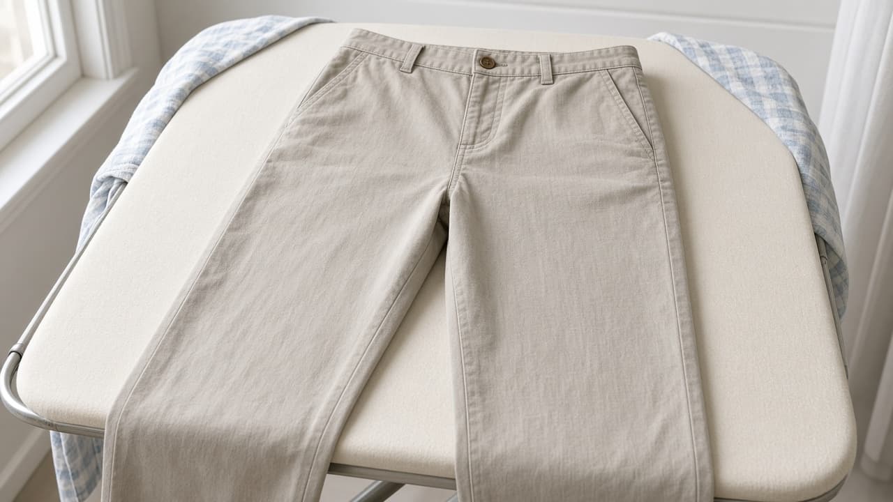 Freshly washed cotton trousers pressed flat before measuring