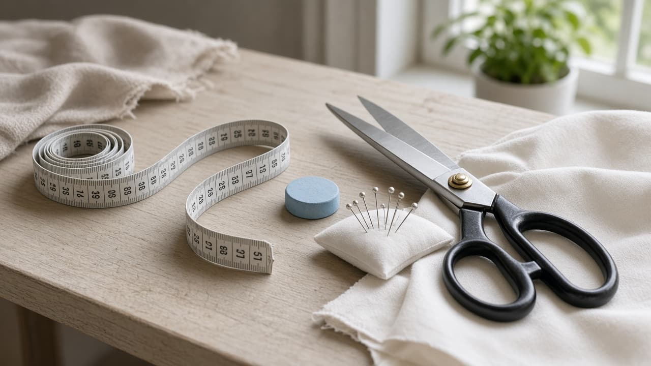 Measuring tape chalk pins and scissors arranged on a sewing table