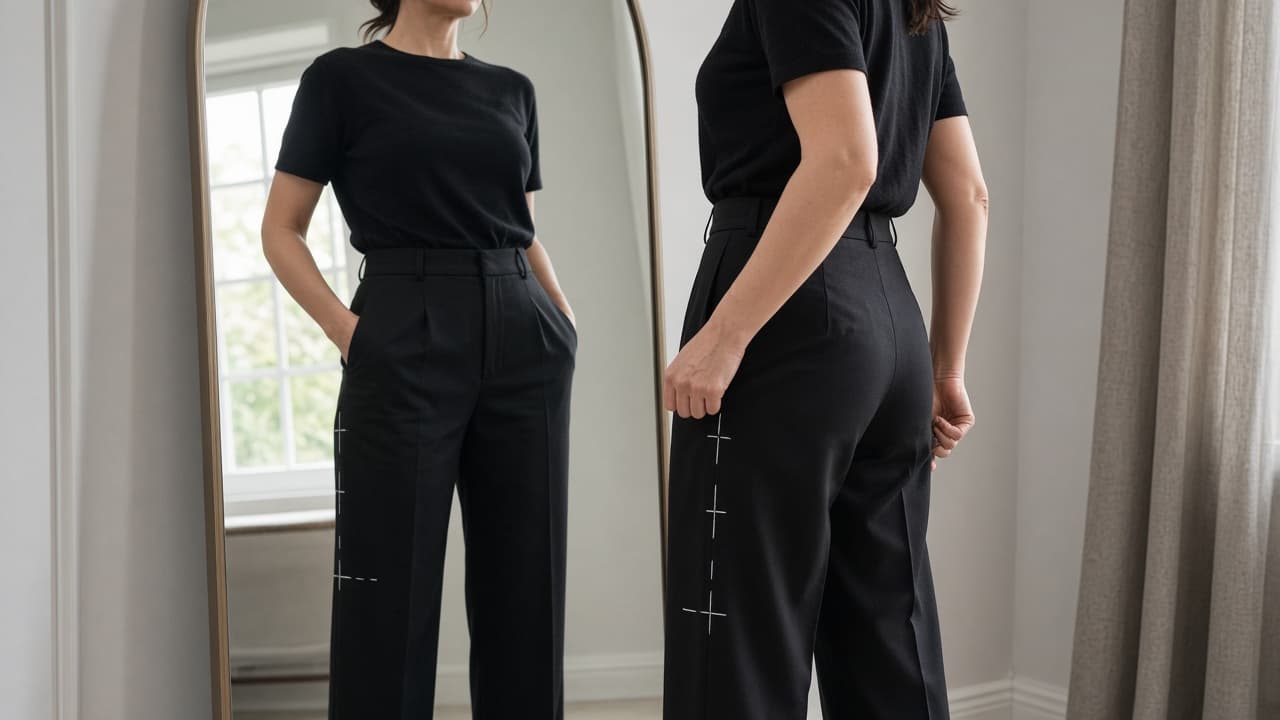 Mirror check of chalk hem marks on front and side of trousers