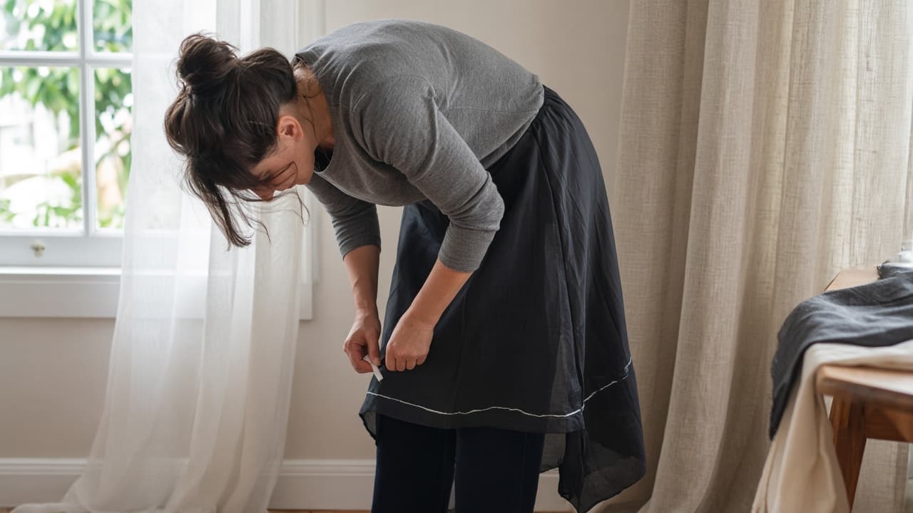 Person bent over marking their own hem creating an uneven chalk line
