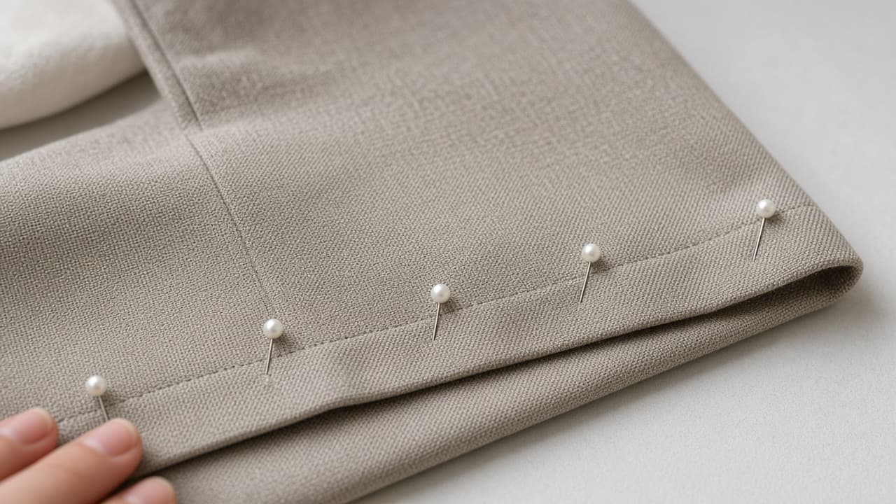 Pins placed perpendicular every few inches along a folded trouser hem