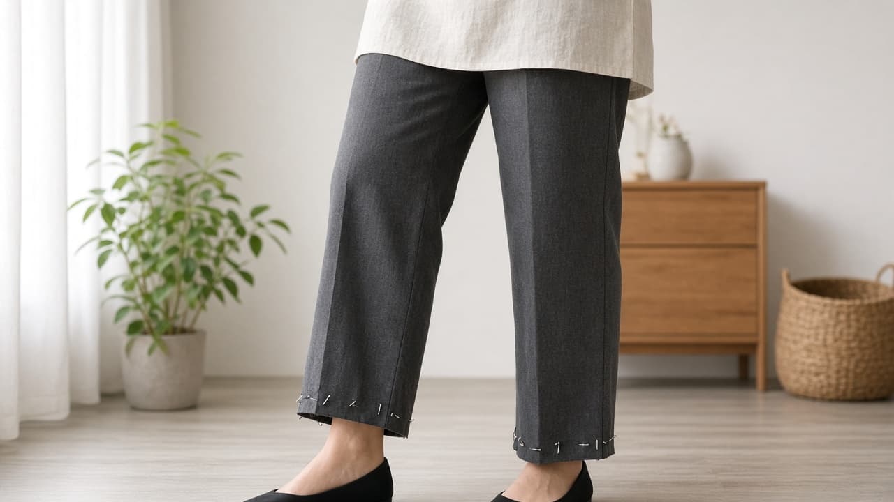 Person walking in pinned trousers to test hem length
