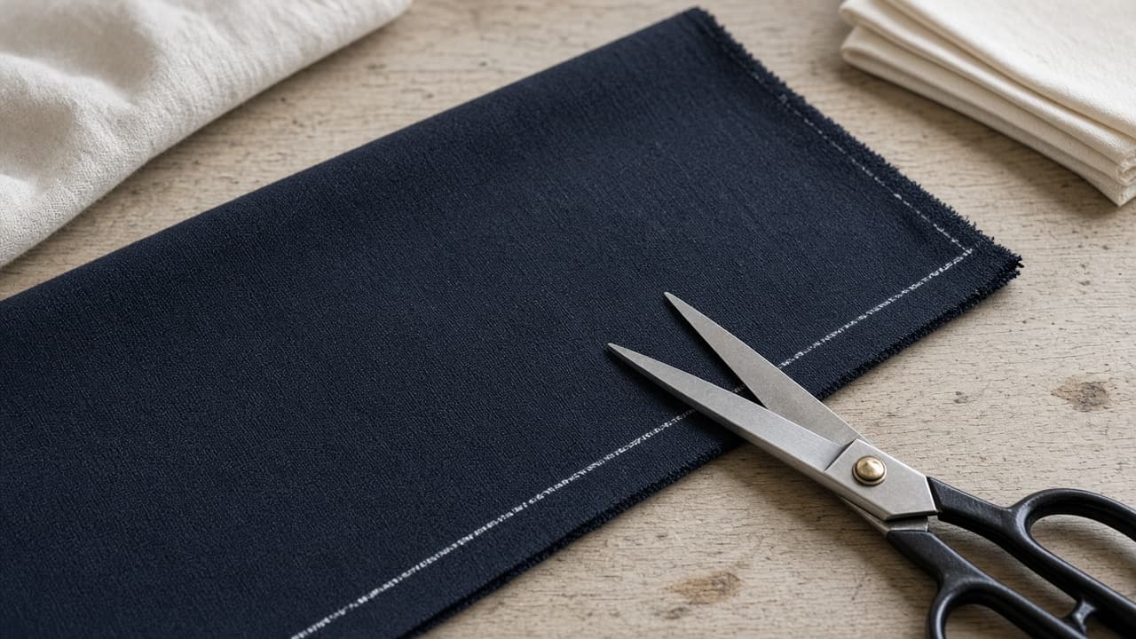 Flat trouser leg on a table being cut along a chalk allowance line