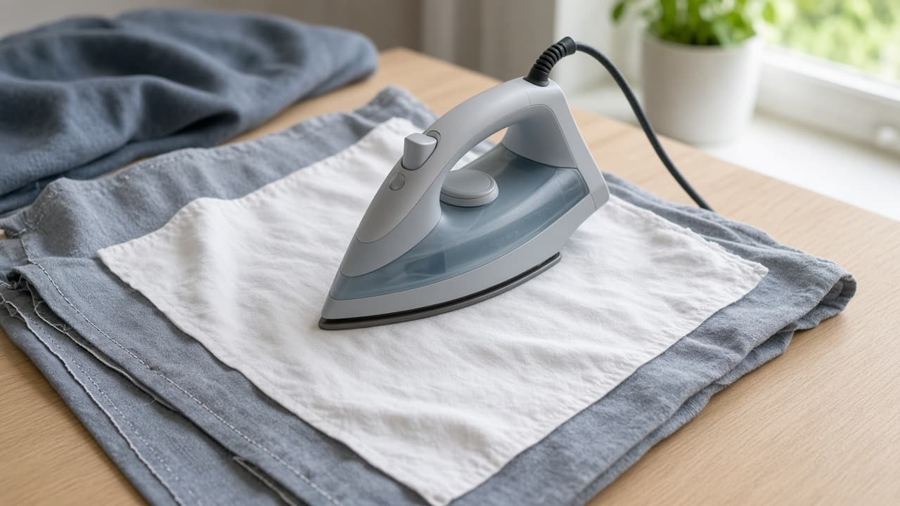 Pressing cloth protecting fabric under a cooler iron setting