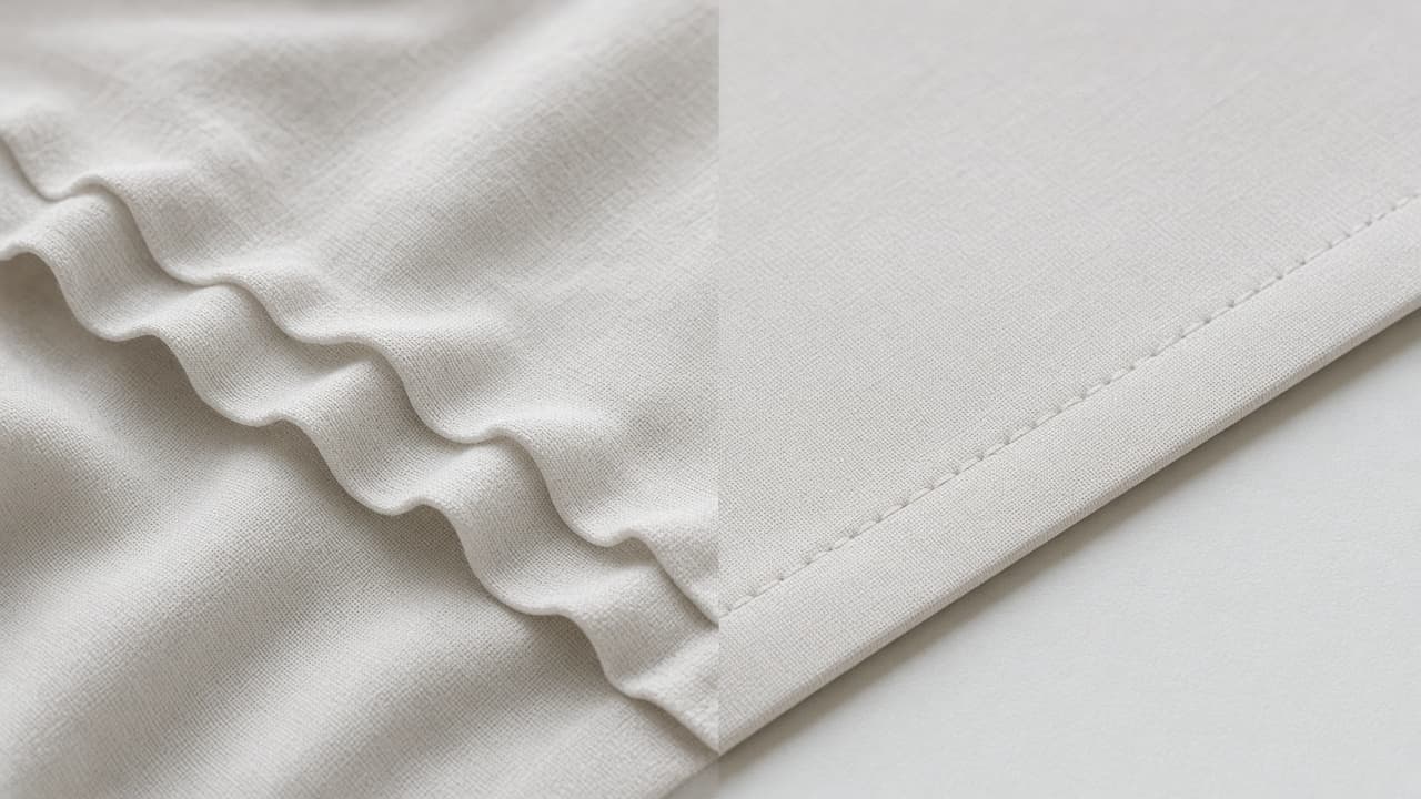 Unpressed wavy hem fold beside a crisp pressed fold ready to sew
