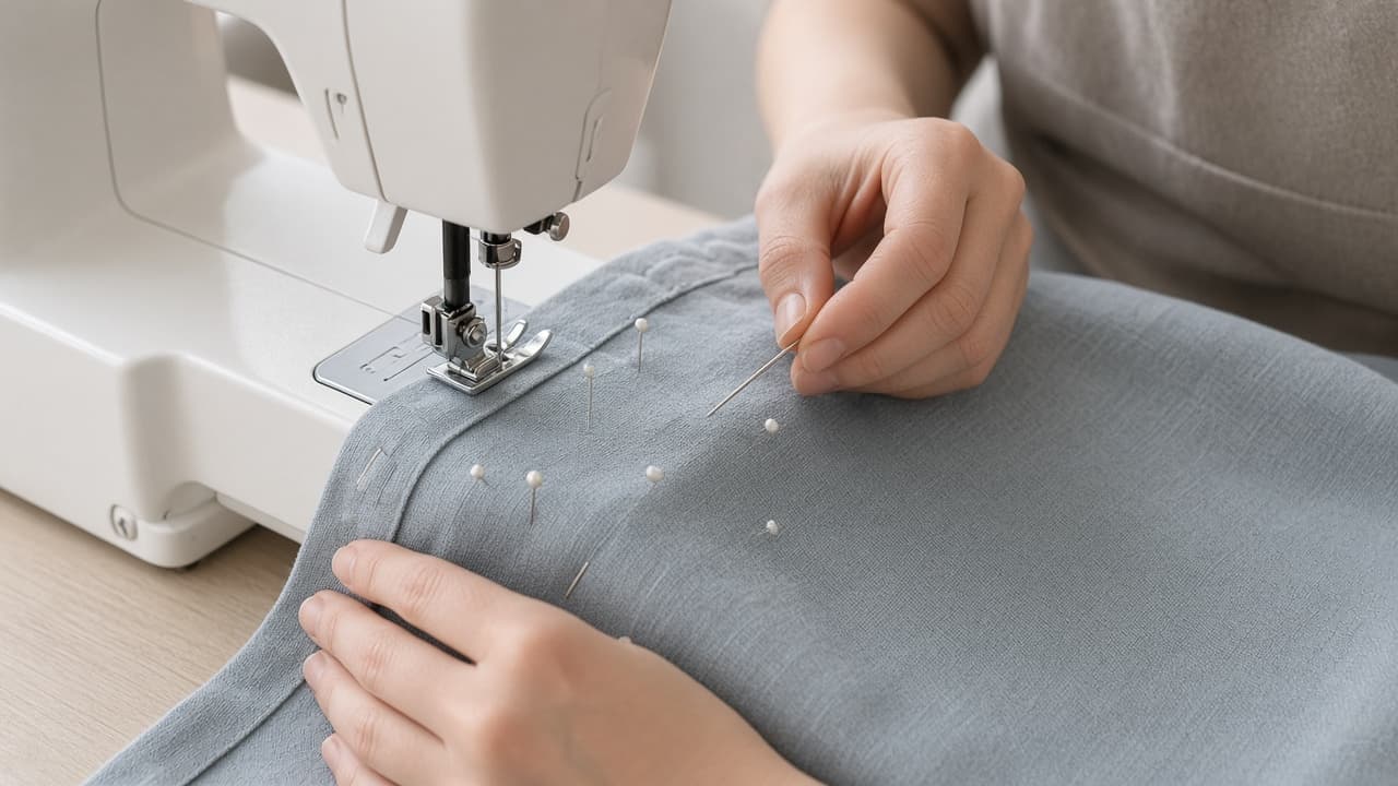 Sewing beside the inner hem fold while removing pins before the foot