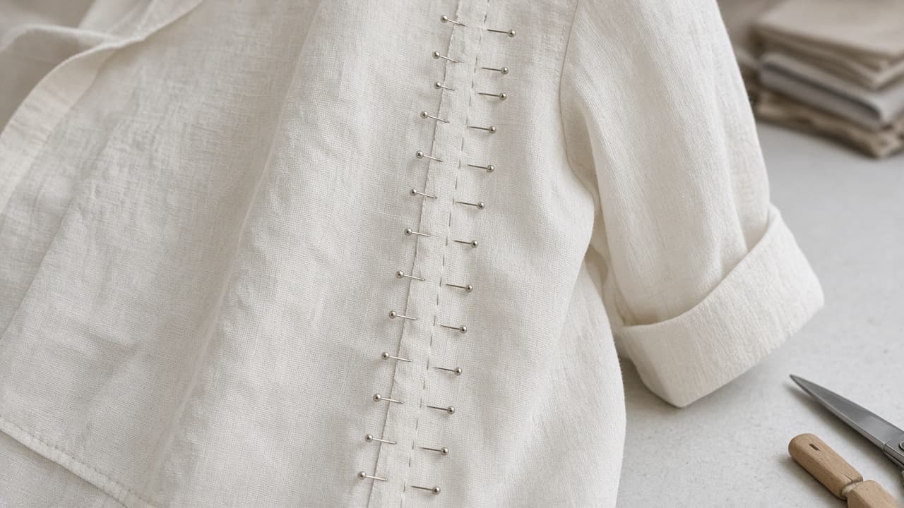 Basted side seam pinned equally on an unlined woven shirt