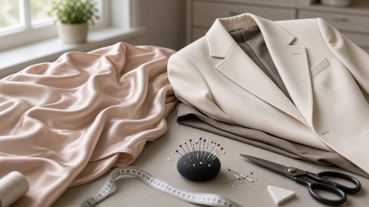 Silk dress and structured jacket labeled for professional alteration
