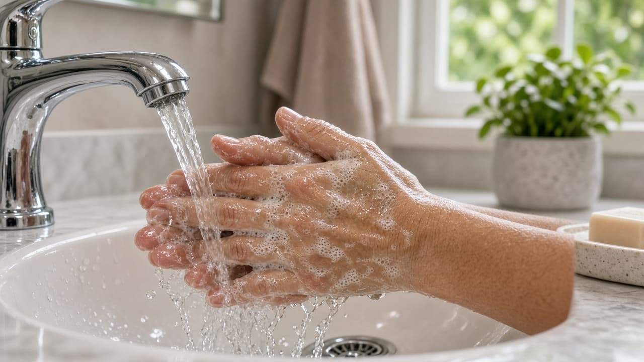 Hands washing with soap before tick removal