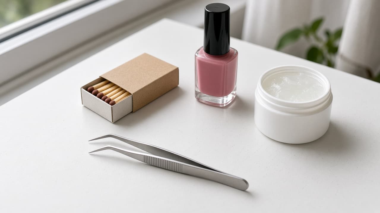 Matches nail polish and petroleum jelly set aside unused beside tweezers
