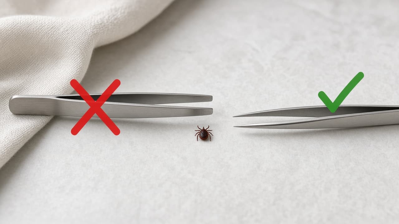 Wide flat tweezers marked wrong beside fine pointed tweezers