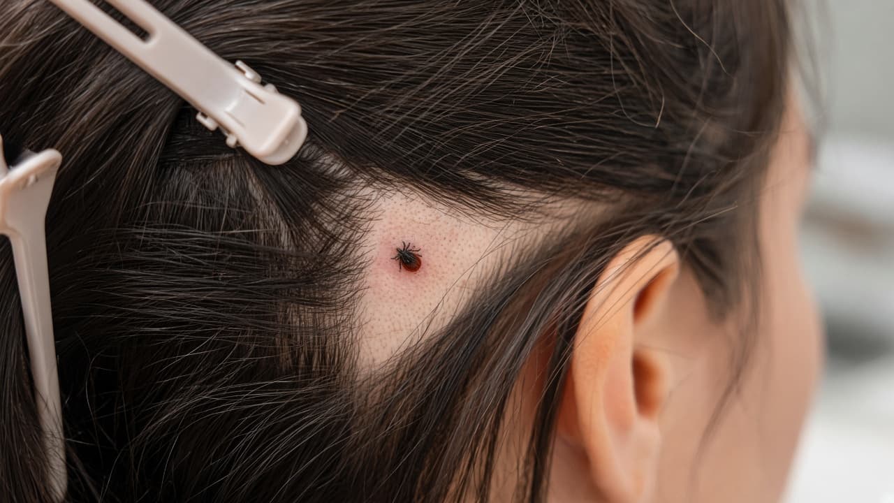 Clips holding hair aside around an exposed tick bite