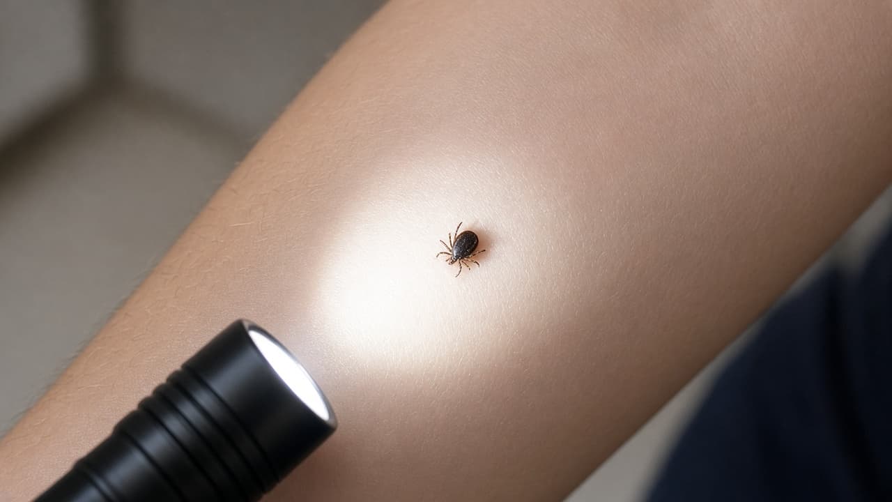 Bright flashlight aimed at tick mouthparts meeting skin
