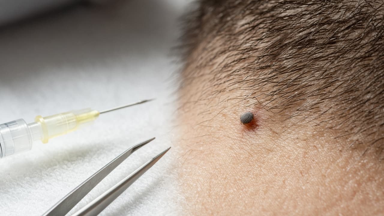 Needle set aside as the wrong tool next to a hard-to-see scalp tick