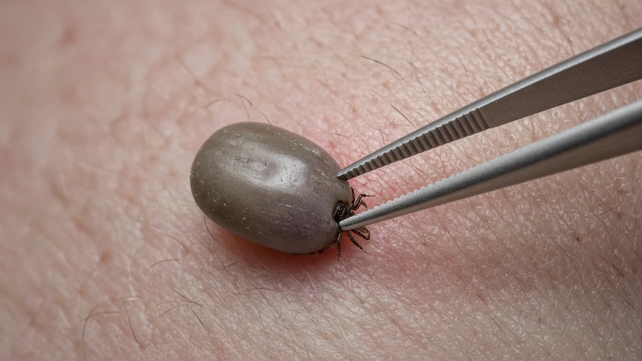 Tweezers closing on tick mouthparts at the skin without crushing the body
