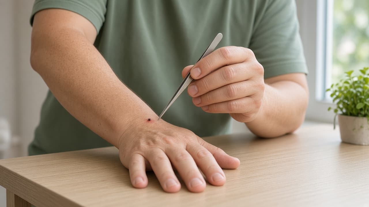 Hand braced on a stable surface with tweezers aligned for a vertical pull