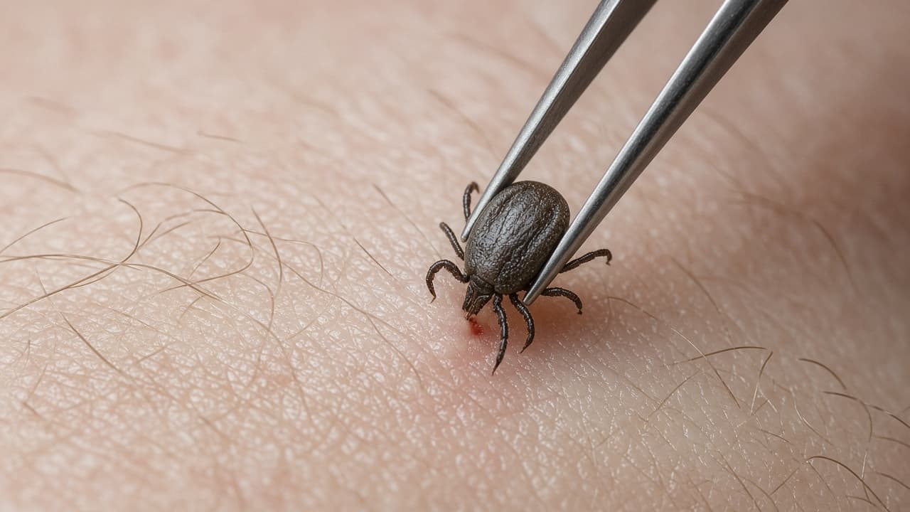 Tick releasing from skin under continuous upward tweezer pressure