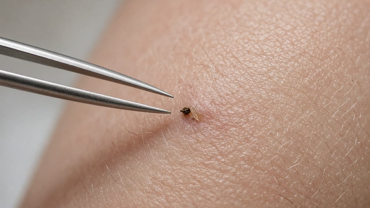 Small mouthpart fragment left undisturbed in skin after failed easy tweezer lift