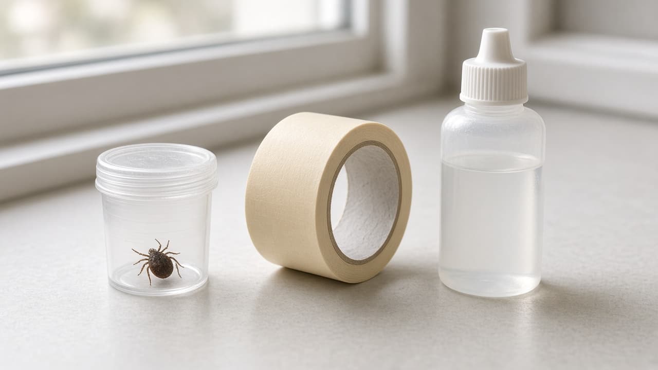 Tick sealed in a small clear container next to tape and alcohol options