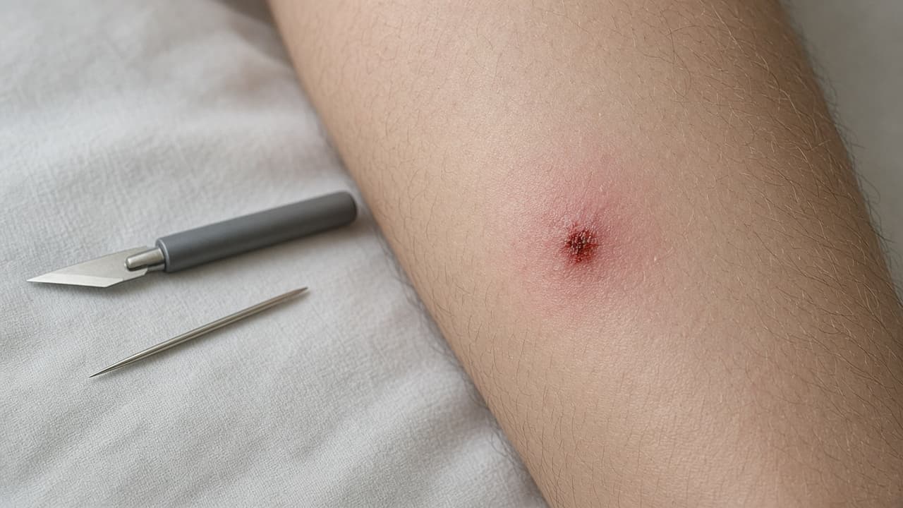 Needle and blade set aside unused beside a healing tick bite