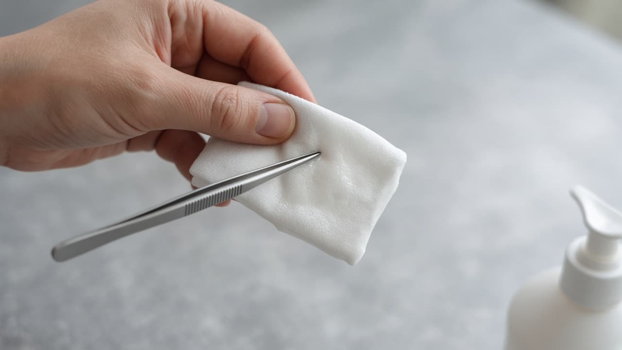 Tweezers wiped with rubbing alcohol on a clean cloth