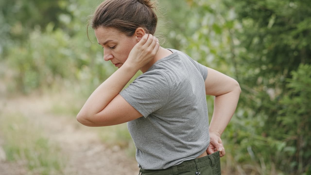 Person checking behind ears and waistband for additional ticks