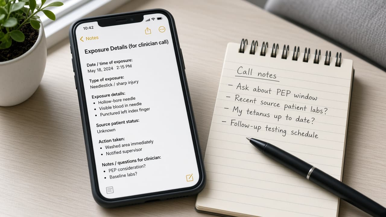 Phone note with exposure details ready for a clinician call