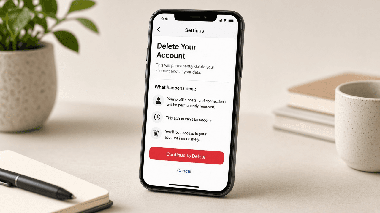 Phone showing TikTok Settings with Account and Delete account options highlighted