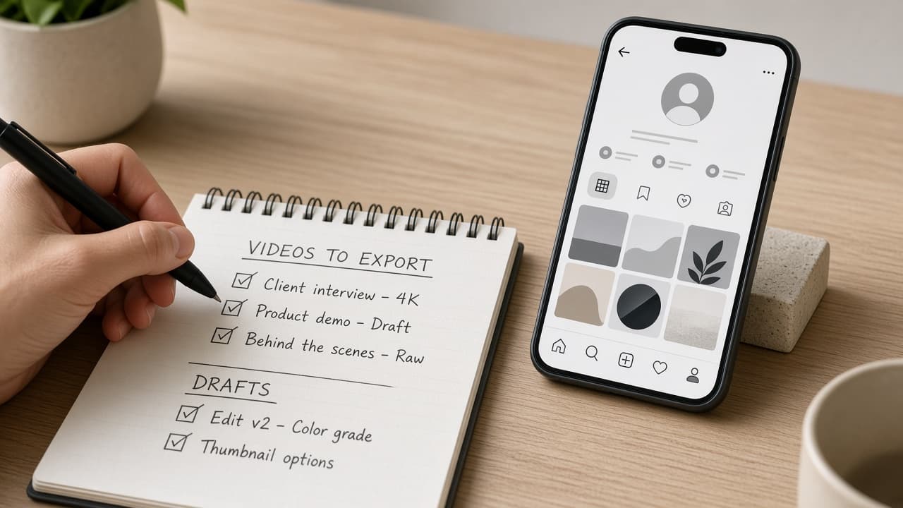 Hand writing a list of TikTok videos and drafts to export