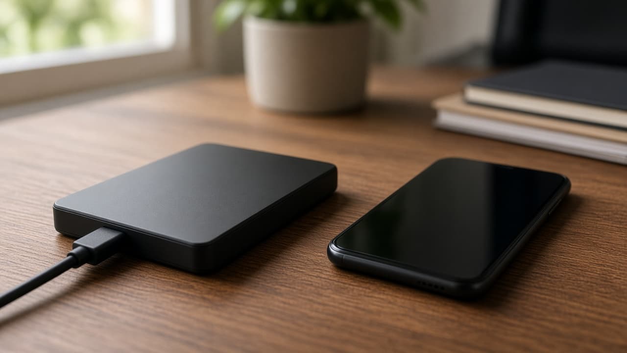 External drive labeled archive beside a phone with TikTok closed