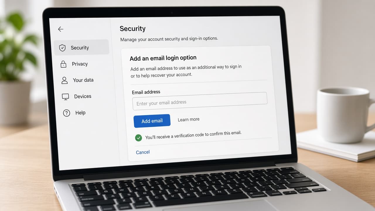 Laptop account settings adding email login beside TikTok option